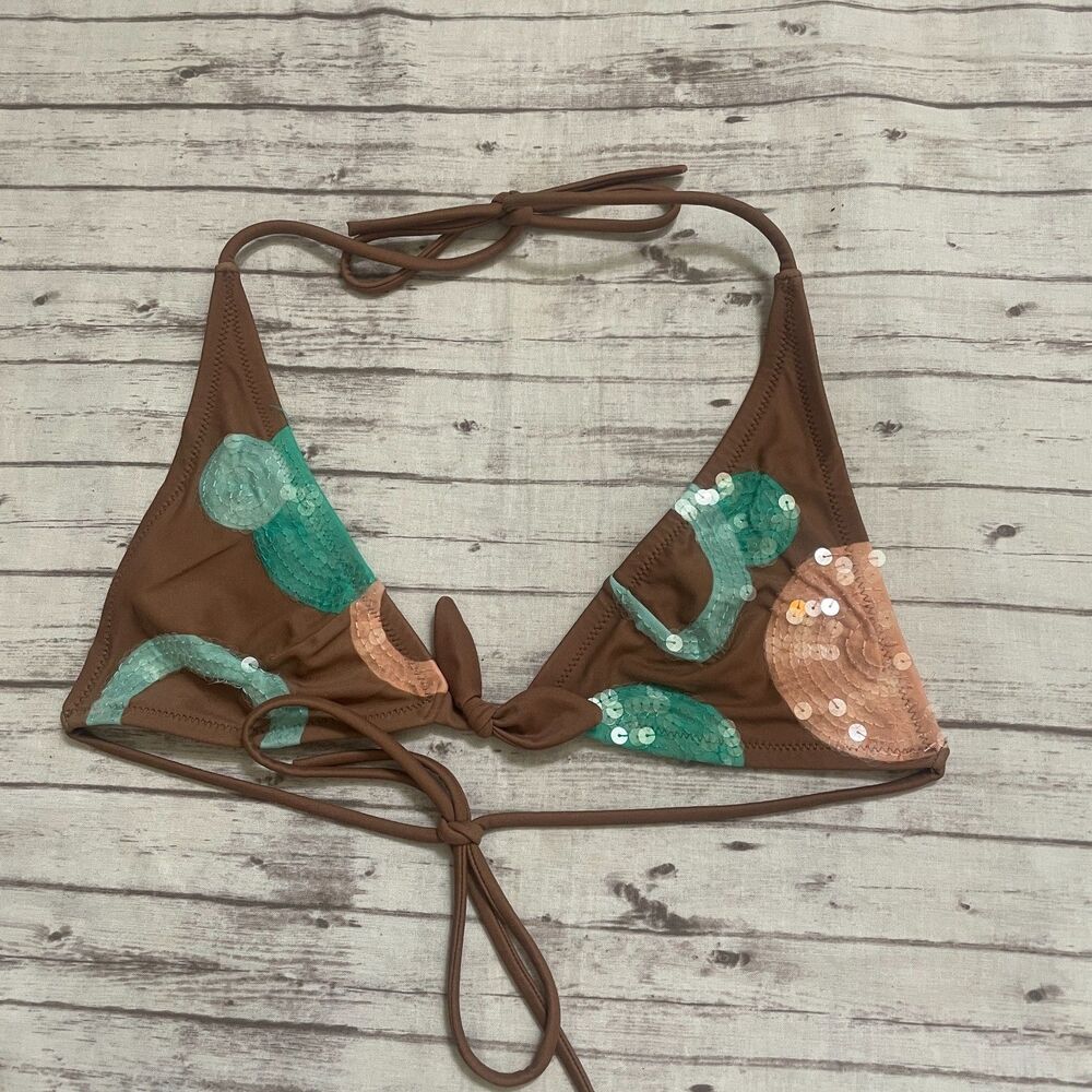 Victorias Secret Womens Brown Unpadded Sequin Triangle Bikini Top Size XS Halter